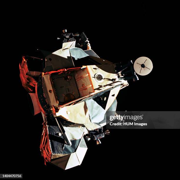 --- This 70mm view of the Lunar Module 'Challenger' in lunar orbit before rendezvous with the Apollo 17 Command and Service Modules .