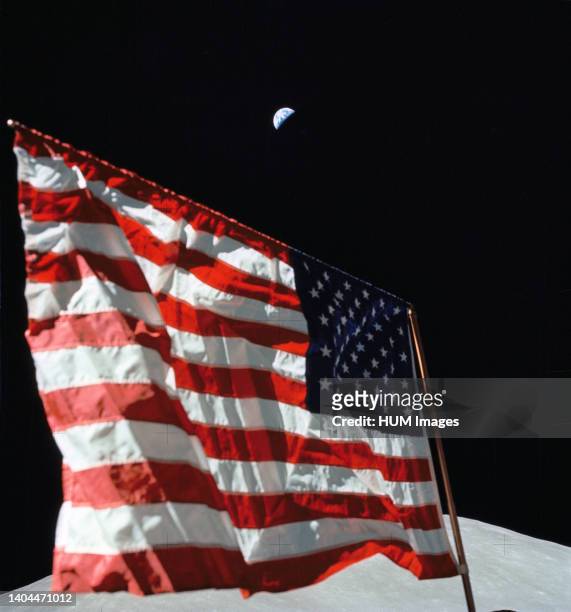 Close-up view of the U.S. Flag deployed on the moon at the Taurus-Littrow landing site by the crewmen of the Apollo 17 lunar landing mission.