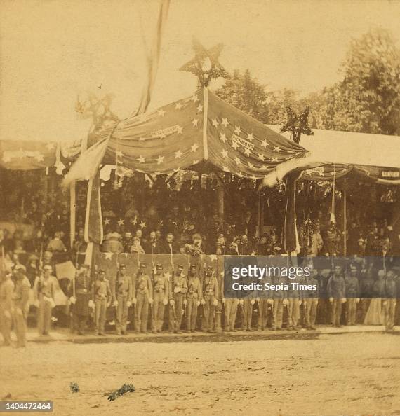 The Army of the Potomac. The stand in front of the President's house occupied by the President and Cabinet, Grant and Sherman, and reviewing officers., E. & H.T. Anthony (Firm), 1861, United States