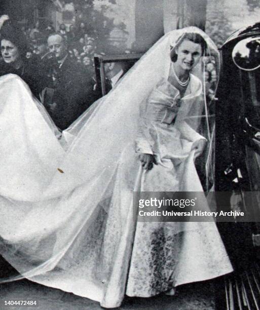 Crowds gather to see the wedding of Lord Harewood and Marion Stein. On 29 September 1949 at St. Mark's Church, London, Lord Harewood married Marion...