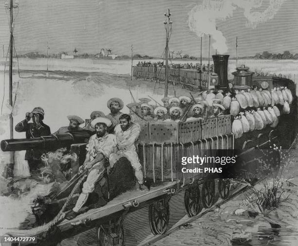 Conquest of Egypt by English troops, 1882. Egypt. Alexandria . The armored train that General Alison uses in military reconnaissance. Engraving by...
