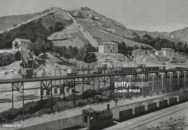 Spain, Basque Country, Biscay. Mining industry. Somorrostro mines. Inclined plane number 1 of Mount Cadegal. Drawing by Nao. Engraving. La...