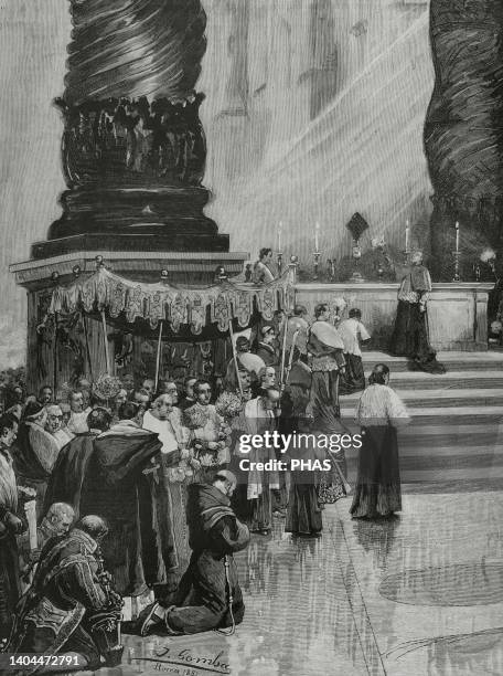 Vatican. St. Peter's Basilica. Purification ceremony of the great Papal Altar on Holy Thursday. Illustration by Juan Comba, detail. Engraving. La...