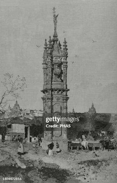 Spain, Madrid. Entrance to the Toledo Bridge over the Manzanares River. Baroque style . It was built by the architect Pedro de Ribera, work began in...