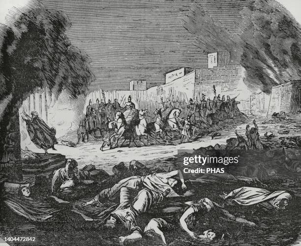 Siege of the Celtiberian city of Numantia by Roman troops, 133 BC. Destruction of the city. Illustration by Letre. Engraving. Crónica General de...