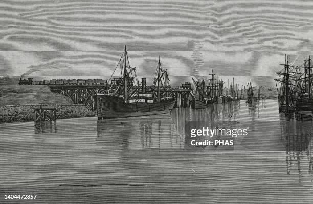 Spain, Basque Country. Biscayan mining industry. Bilbao estuary. Loading docks of the 'Franco-Belgian Society' and La Orconera, in Luchana....