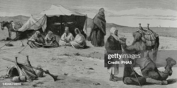 Egypt. Bedouin tent in the desert. Engraving by Rico. La Ilustración Española y Americana, 1882.