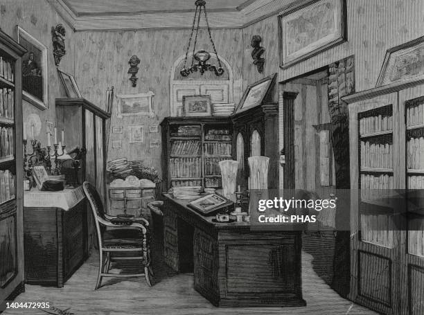 Spain, Madrid. Spanish writer and journalist Ramón Mesonero Romanos' office , where he wrote 'Memorias de un setentón'. Illustration by Juan Comba....