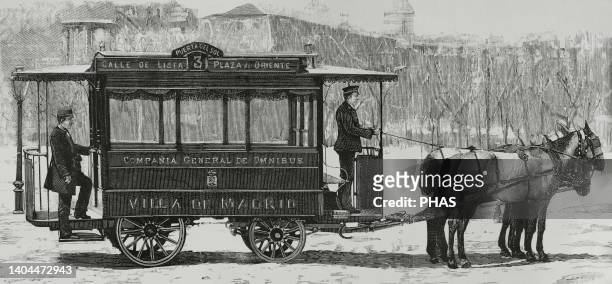 Spain, Madrid. Carriages model for the new Rippert Omnibus line. Public service inaugurated in the capital on 1st April 1882, on the line from Lista...