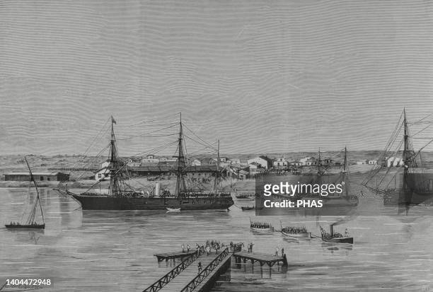 Occupation of Egypt by the British Army, 1882. The Suez Canal, occupied by the English. Station 'El Kantarah' . Drawing by A. De Caula. Engraving by...
