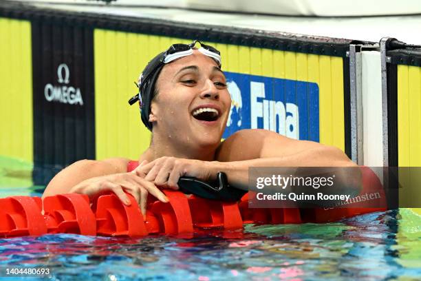 Kylie Masse of Team Canada celebrates after picking up Gold in the Women's 50m Backstroke Final on day five of the Budapest 2022 FINA World...