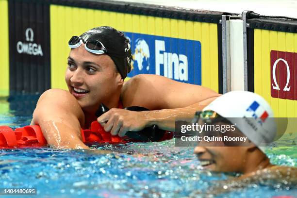 Kylie Masse of Team Canada celebrates after picking up Gold in the Women's 50m Backstroke Final on day five of the Budapest 2022 FINA World...