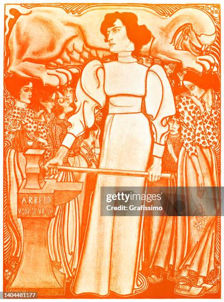 frau kämpft für arbeitsrechte jugendstil illustration 1898 - gewerkschaft stock-grafiken, -clipart, -cartoons und -symbole