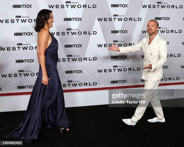 Aaron Paul and Lisa Joy attend the premiere of HBO's "Westworld" Season 4 at Alice Tully Hall, Lincoln Center on June 21, 2022 in New York City.