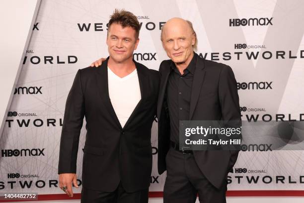 Luke Hemsworth and Ed Harris attend the premiere of HBO's "Westworld" Season 4 at Alice Tully Hall, Lincoln Center on June 21, 2022 in New York City.