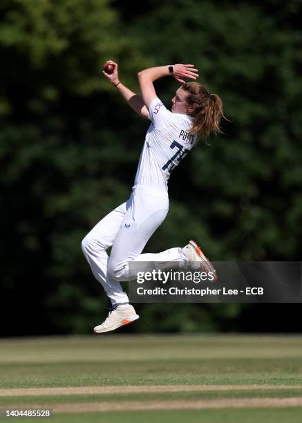 Grace Potts of England bowling during day 2 of the tour match between England Women A and South Africa at Arundel Castle Cricket Ground on June 22,...