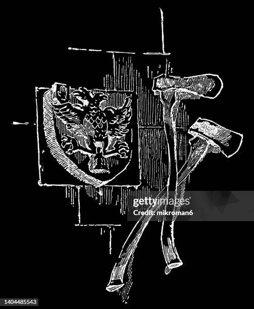 old engraved illustration of noble coat of arms on the wall - machado imagens e fotografias de stock