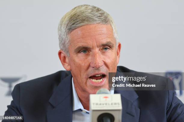 Tour Commissioner Jay Monahan addresses the media during a press conference prior to the Travelers Championship at TPC River Highlands on June 22,...