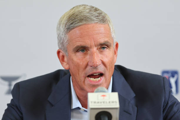 Tour Commissioner Jay Monahan addresses the media during a press conference prior to the Travelers Championship at TPC River Highlands on June 22,...