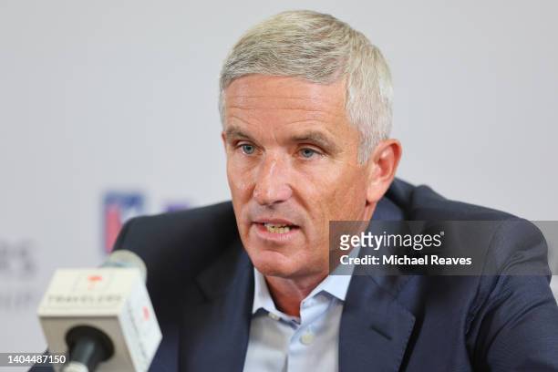 Tour Commissioner Jay Monahan addresses the media during a press conference prior to the Travelers Championship at TPC River Highlands on June 22,...