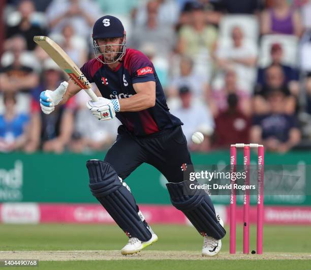 Chris Lynn of Northamptonshire Steelbacks plays the ball during the Vitality T20 Blast match between Northamptonshire Steelbacks v Birmingham Bears...