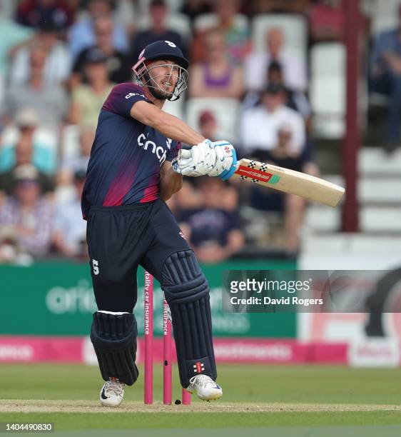 Chris Lynn of Northamptonshire Steelbacks pulls the ball for six runs during the Vitality T20 Blast match between Northamptonshire Steelbacks v...