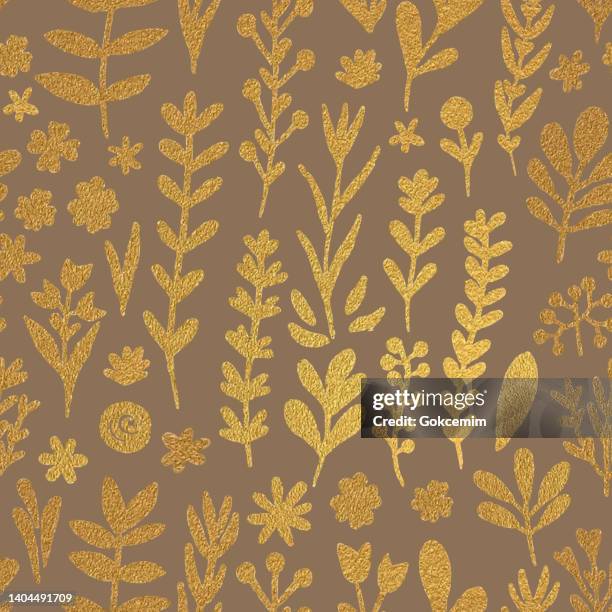 handgezeichnete goldfolie bloosoms nahtloser musterhintergrund. elegantes designelement für grußkarten (geburtstag, valentinstag), hochzeits- und verlobungseinladungskartenvorlage. - leaf pattern stock-grafiken, -clipart, -cartoons und -symbole