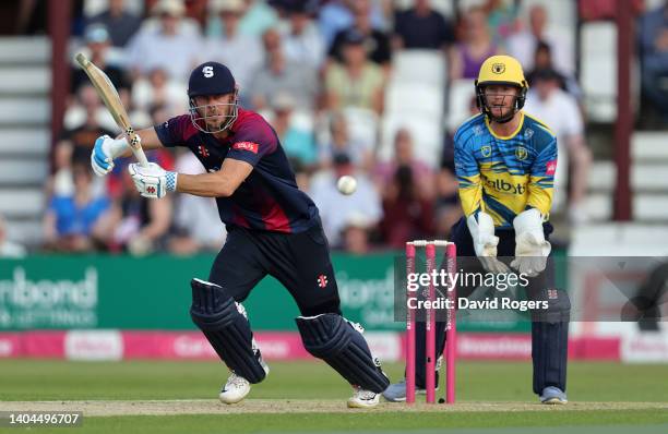 Chris Lynn of Northamptonshire Steelbacks plays the ball to the boundary during the Vitality T20 Blast match between Northamptonshire Steelbacks v...