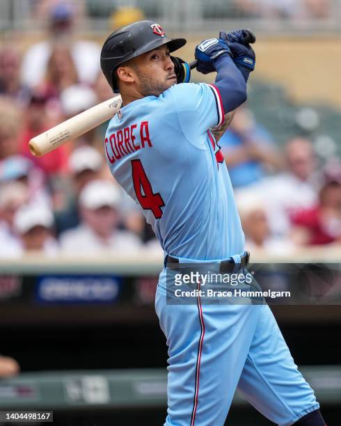 Carlos Correa of the Minnesota Twins bats against the Tampa Bay Rays on June 12, 2022 at Target Field in Minneapolis, Minnesota.