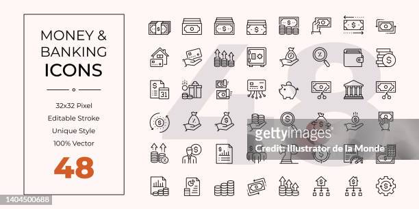 stockillustraties, clipart, cartoons en iconen met money and banking line icons - credit card and stapel