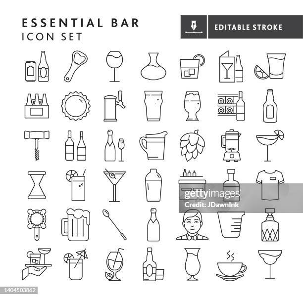 illustrations, cliparts, dessins animés et icônes de concepts essentiels de l’ensemble d’icônes du bar de restaurant style de ligne mince - trait modifiable - shot alcool