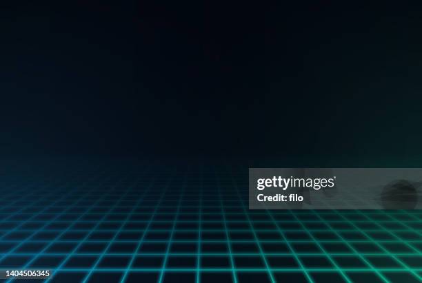 abstrakte perspektivische rastertiefe glühhintergrund - 80s laser background stock-grafiken, -clipart, -cartoons und -symbole