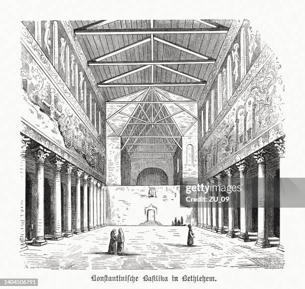 basilica of the nativity, bethlehem, palestine, wood engraving, published 1891 - church of the nativity bethlehem stock illustrations