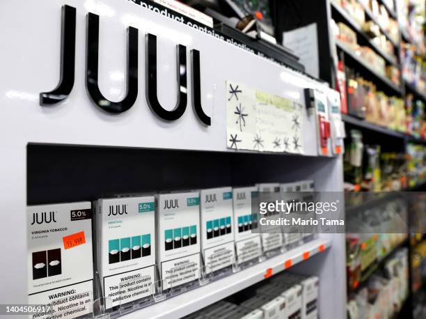 Packages of Juul e-cigarettes are displayed for sale in the Brazil Outlet shop on June 22, 2022 in Los Angeles, California. The Food and Drug...