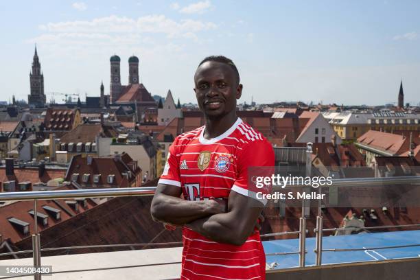 Newly signed player of FC Bayern Muenchen Sadio Mane poses for a picture at Allianz Arena on June 21, 2022 in Munich, Germany.