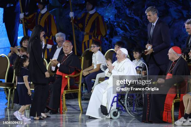 Pope Francis greets Zakia Seddiki, wife of the Italian ambassador of the Democratic Republic of Congo Luca Attanasio assassinated in an ambush,...