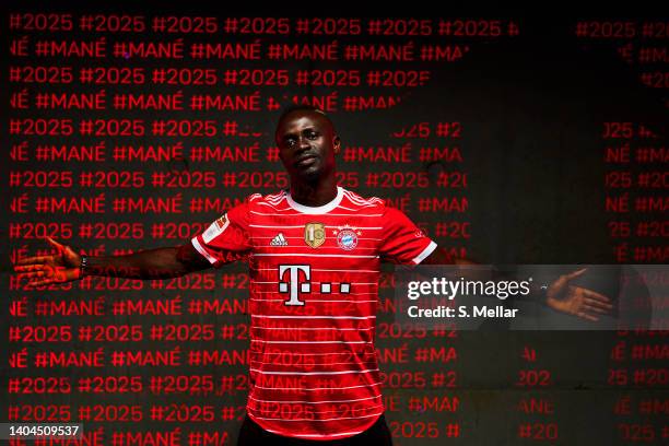 Newly signed player of FC Bayern Muenchen Sadio Mane poses for a picture on June 21, 2022 in Munich, Germany.