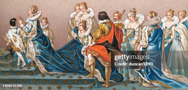 french queen with her entourage on ladies, late 16th early 17th century, history of fashion - lady in waiting stock illustrations