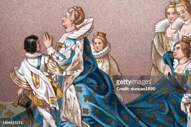 costume of a french queen in ceremonial dress, late 16th early 17th century, history of fashion - ring bearer stock illustrations