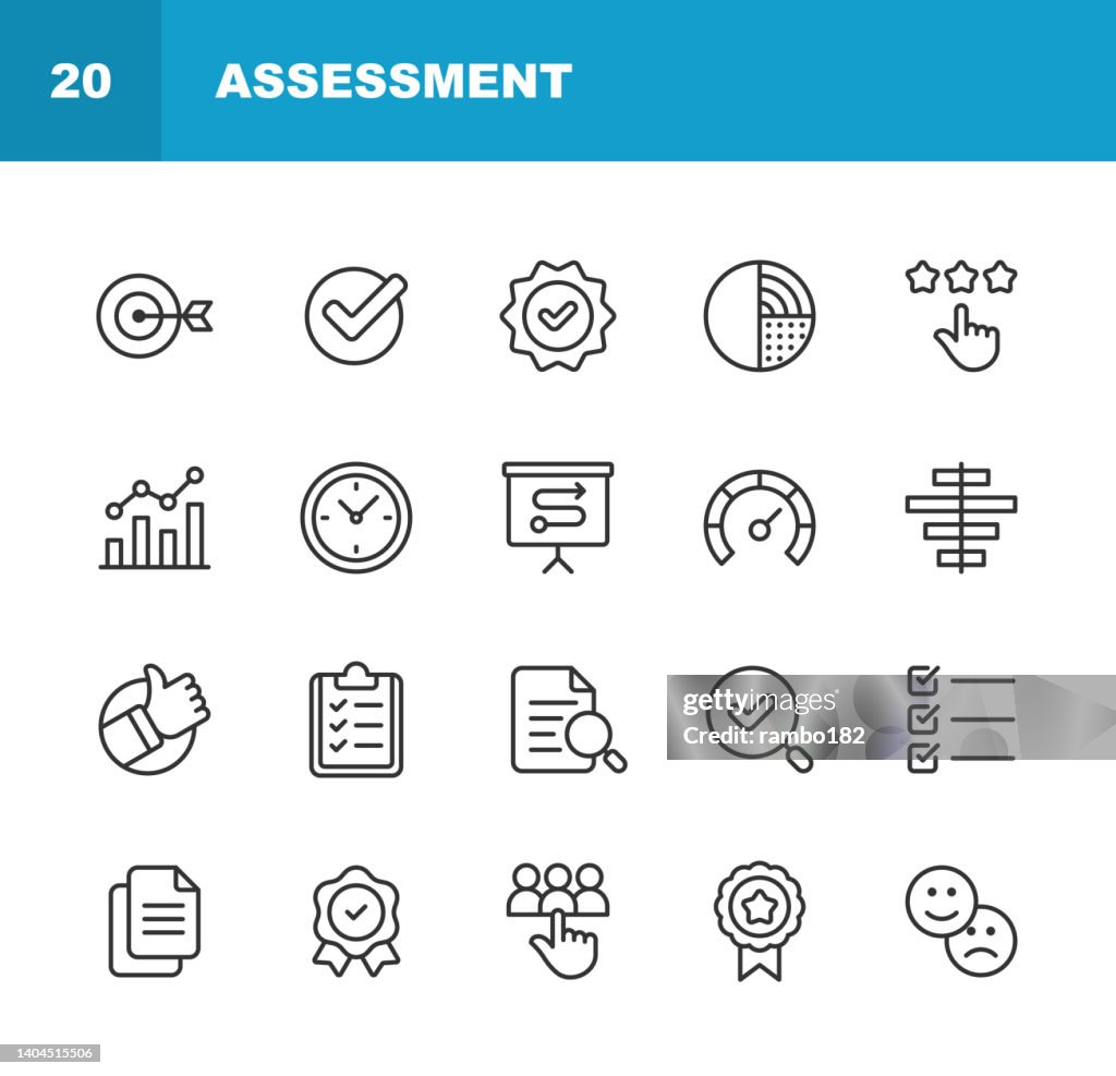 Symbole für Bewertungslinien. Bearbeitbarer Strich. Enthält Symbole wie Audit, Business, Diagramm, Häkchen, Vergleich, Daten, Diagramm, Dokument, Expertise, Feedback, Grafik, Messung, Fortschritt, Qualitätskontrolle, Bewertung, Forschung, Überprüfung