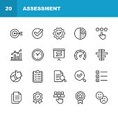 Assessment Line Icons. Editable Stroke. Contains such icons as Audit, Business, Chart, Checkmark, Comparison, Data, Diagram, Document, Expertise, Feedback, Graph, Measuring, Progress, Quality Control, Rating, Research, Review, Solution, Testimonials.