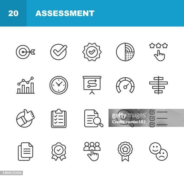 assessment line icons. editable stroke. contains such icons as audit, business, chart, checkmark, comparison, data, diagram, document, expertise, feedback, graph, measuring, progress, quality control, rating, research, review, solution, testimonials. - education stock illustrations