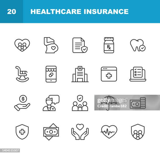 healthcare insurance line icons. editable stroke. contains such icons as healthcare, insurance, agreement, family, doctor, hospital, dentist, pregnancy, prescription, retirement, protection, telemedicine, first aid kit. - medical insurance stock illustrations