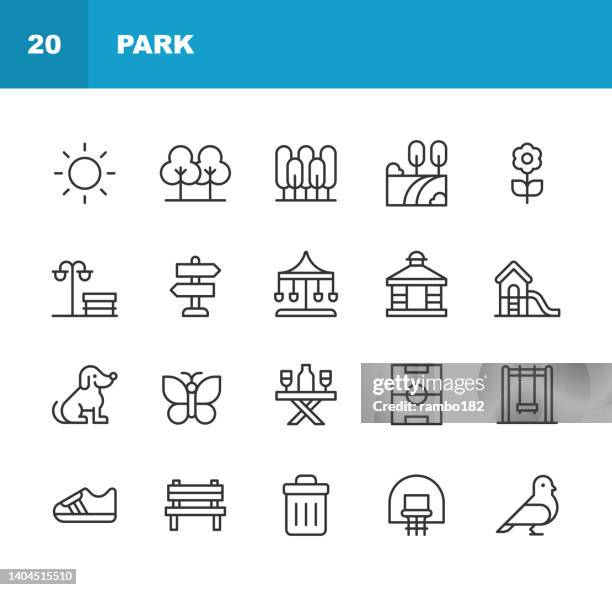 stockillustraties, clipart, cartoons en iconen met park line icons. editable stroke. contains such icons as carousel, dog, family, fitness, fountain, friendship, grass, healthy lifestyle, landscape, nature, plant, playground, sport, spring, sun, swing, tree, walking - groep fietsers