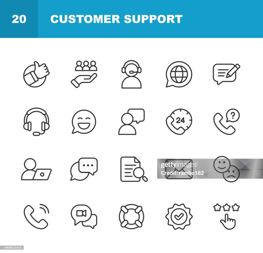 Ícones da linha de suporte ao cliente. Golpe editável. 24 Horas, Call Center, Contato, Entre em contato conosco, discussão, e-commerce, expertise, feedback, suporte de TI, como botão, lealdade, marketing, classificação, satisfação, serviço, suport