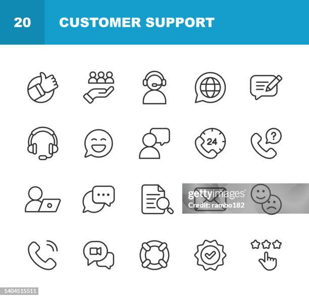 customer support line icons. editable stroke. 24 hrs, call center, contact, contact us, discussion, e-commerce, expertise, feedback, it support, like button, loyalty, marketing, rating, satisfaction, service, support, talking, thumbs up, web page, - contact us icons stock illustrations