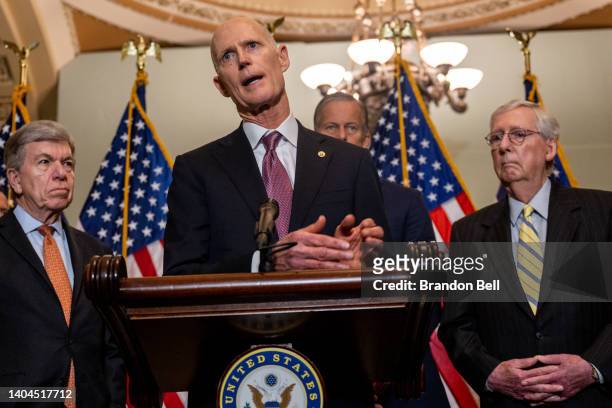 Sen. Rick Scott speaks at a news conference after the Senate luncheons in the U.S. Capitol on June 22, 2022 in Washington, DC.