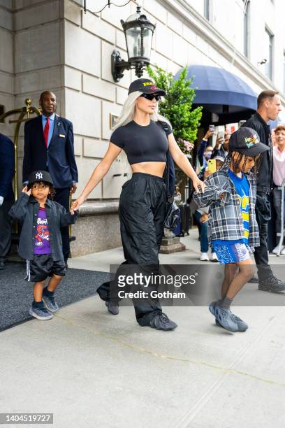 Psalm West, Kim Kardashian and Saint West are seen in Midtown on June 22, 2022 in New York City.