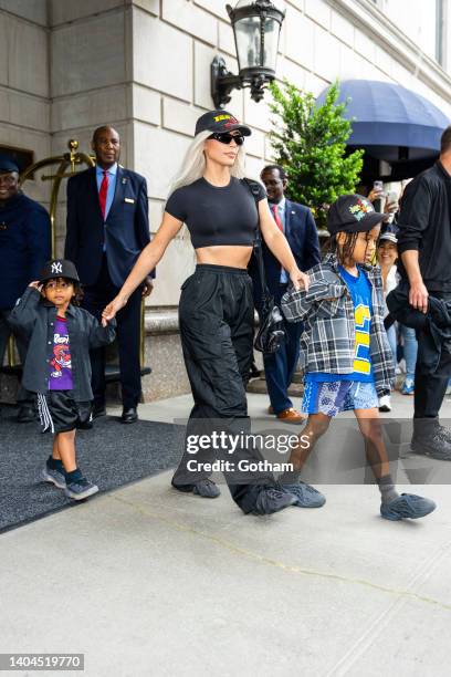 Psalm West, Kim Kardashian and Saint West are seen in Midtown on June 22, 2022 in New York City.