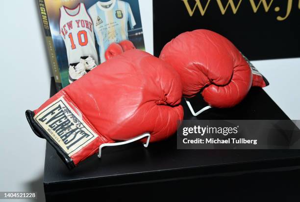 Pair of boxing gloves worn by Mike Tyson during his March 16, 1996 championship fight against Frank Bruno are displayed at Julian's Auctions Sports...